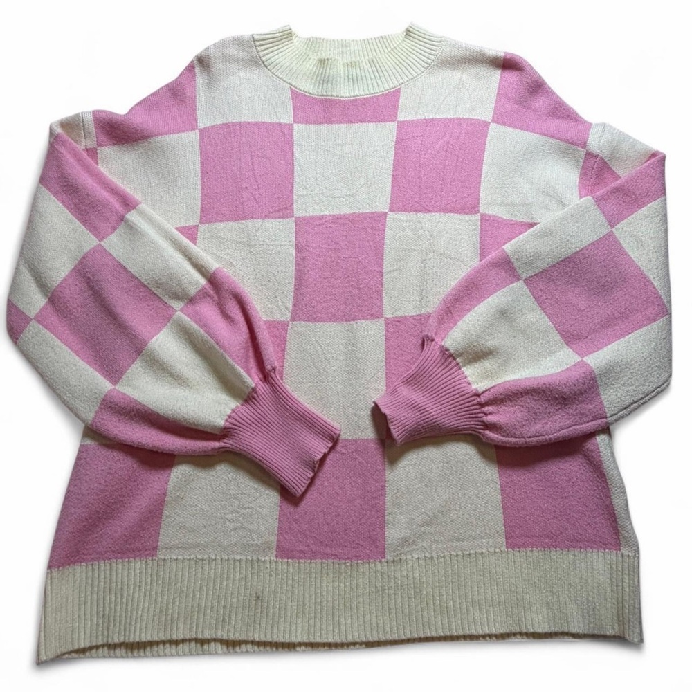 ZESICA Pink White Checkerboard Puff Sleeve Sweater | Women’s XL | Y2K Retro